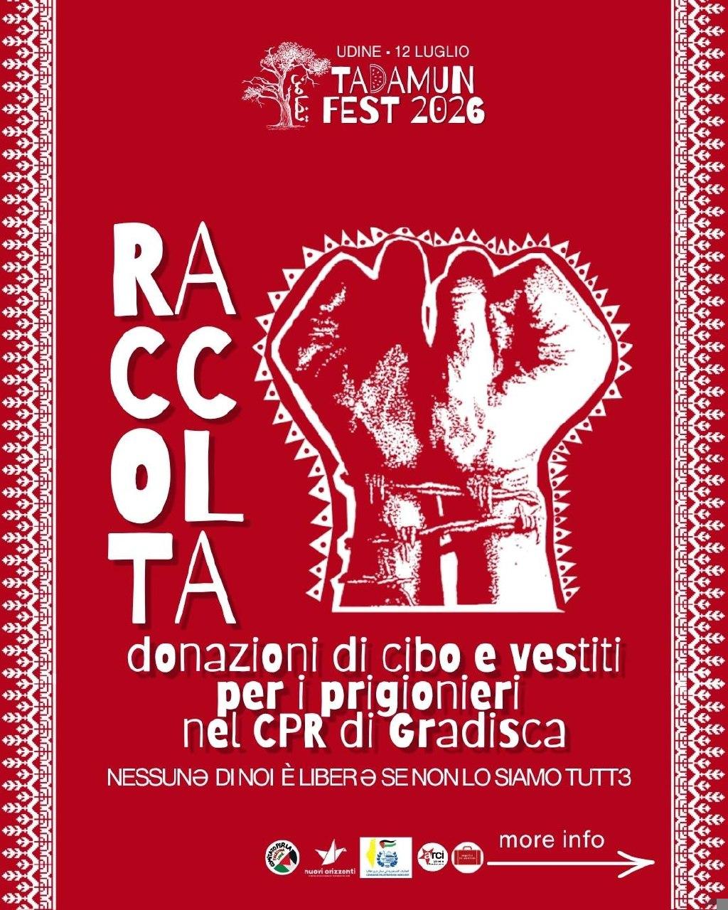 12/07 Tadamun Fest a Udine: raccolta beni essenziali per i prigionieri nel CPR di Gradisca